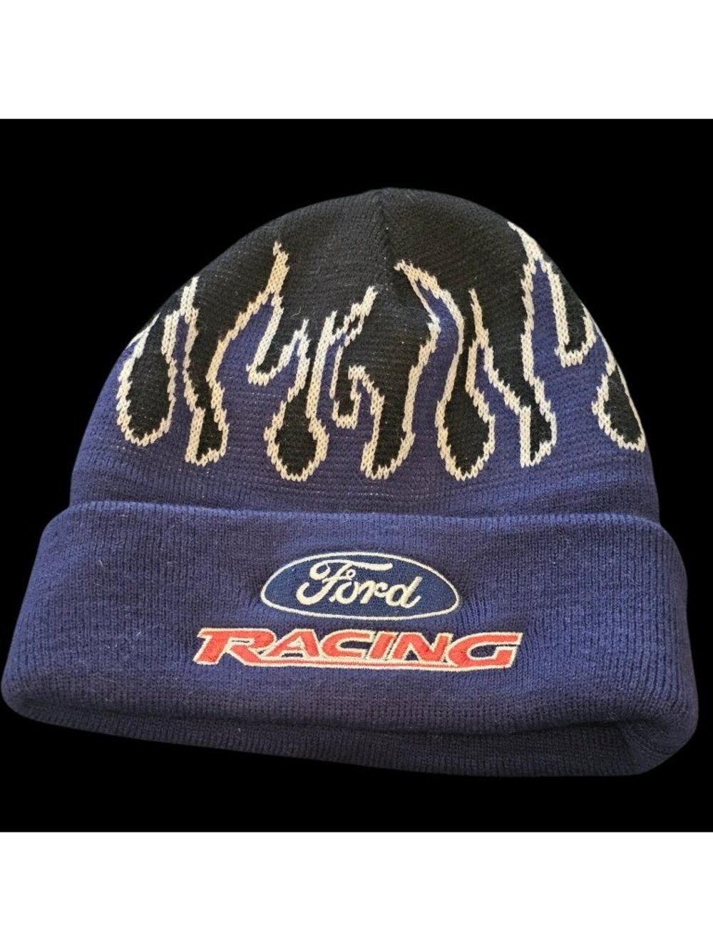 Vintage Y2K Ford Racing NASCAR Beanie Hat Navy Blue Black Flames Streetwear